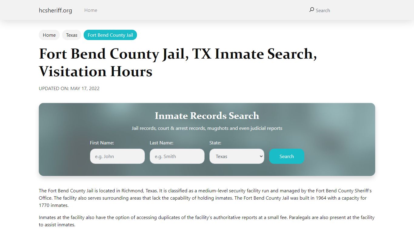 Fort Bend County Jail, TX Inmate Search, Visitation Hours